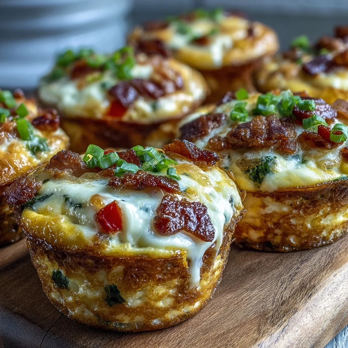 Golden-brown Breakfast Egg Muffins with melted cheddar cheese, crumbled bacon, and diced bell peppers on a white plate.