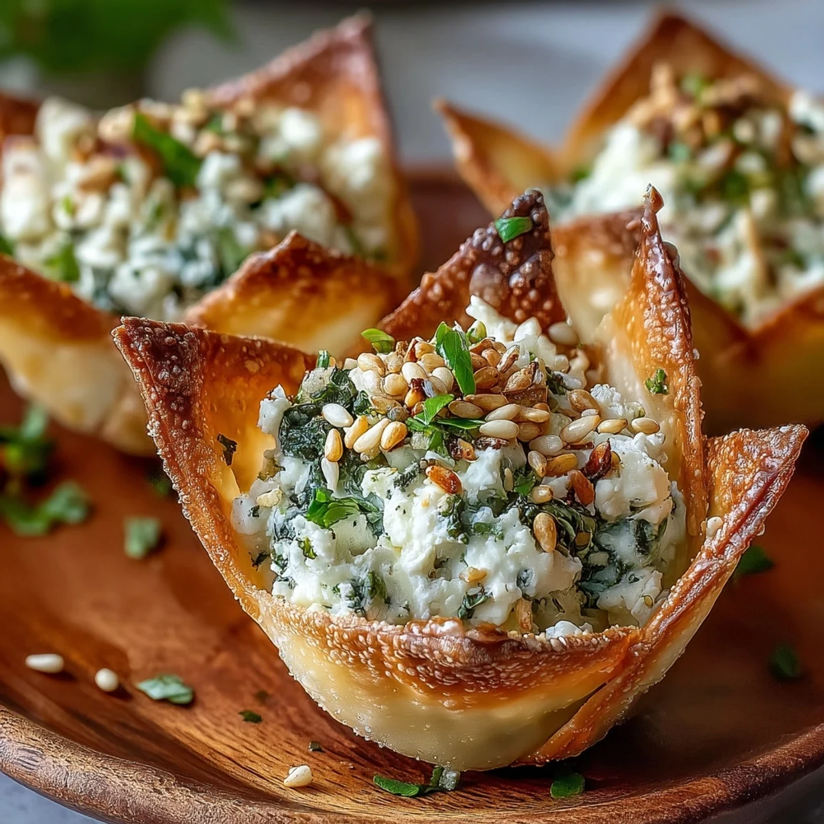 Golden-baked Mediterranean Spinach and Feta Cheese Crisps rise from a mini muffin tin, showcasing flaky wonton edges and creamy, herb-speckled filling.