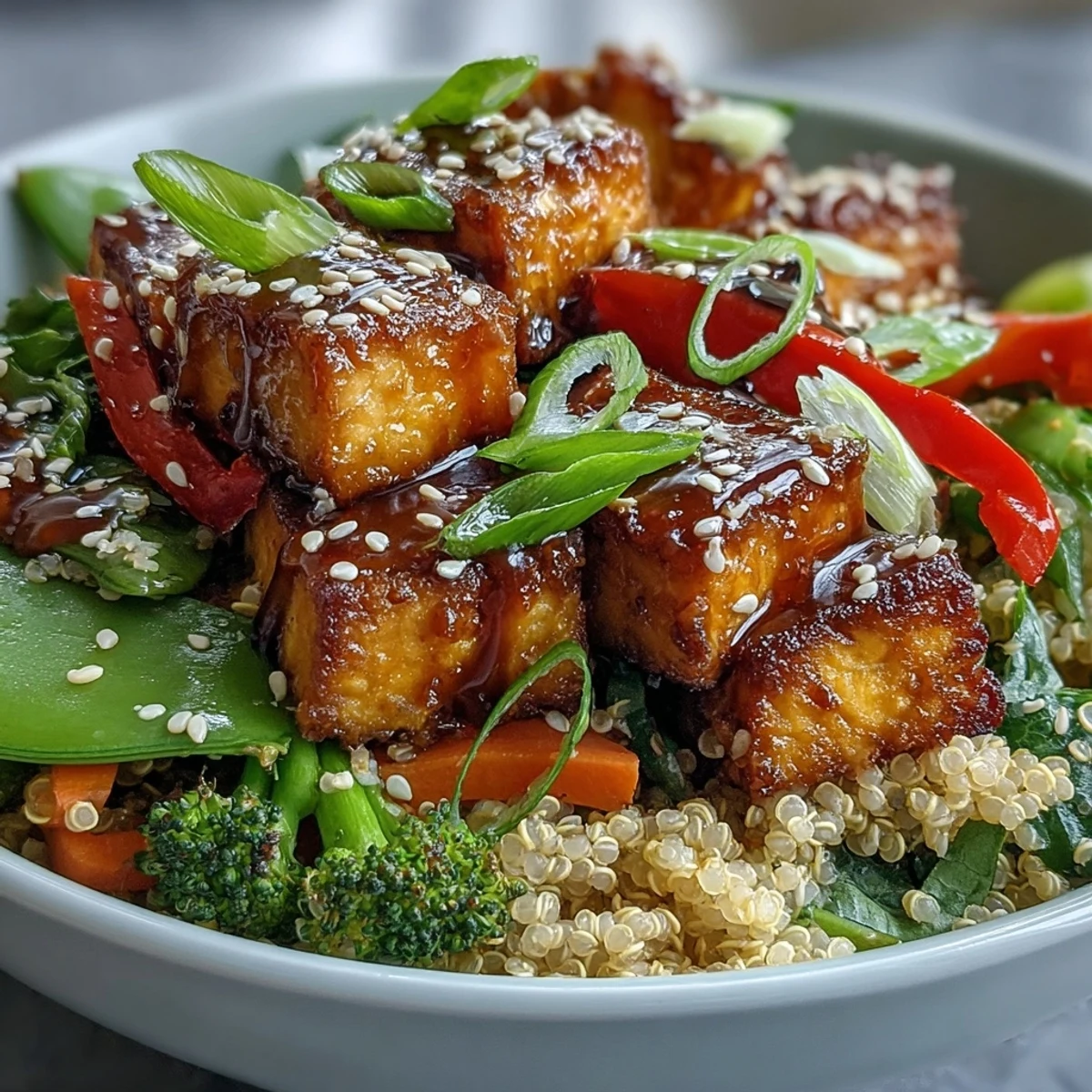 Fluffy quinoa and crispy tofu pieces topped with colorful stir-fried vegetables, all coated in a glossy teriyaki sauce in a ceramic bowl.
