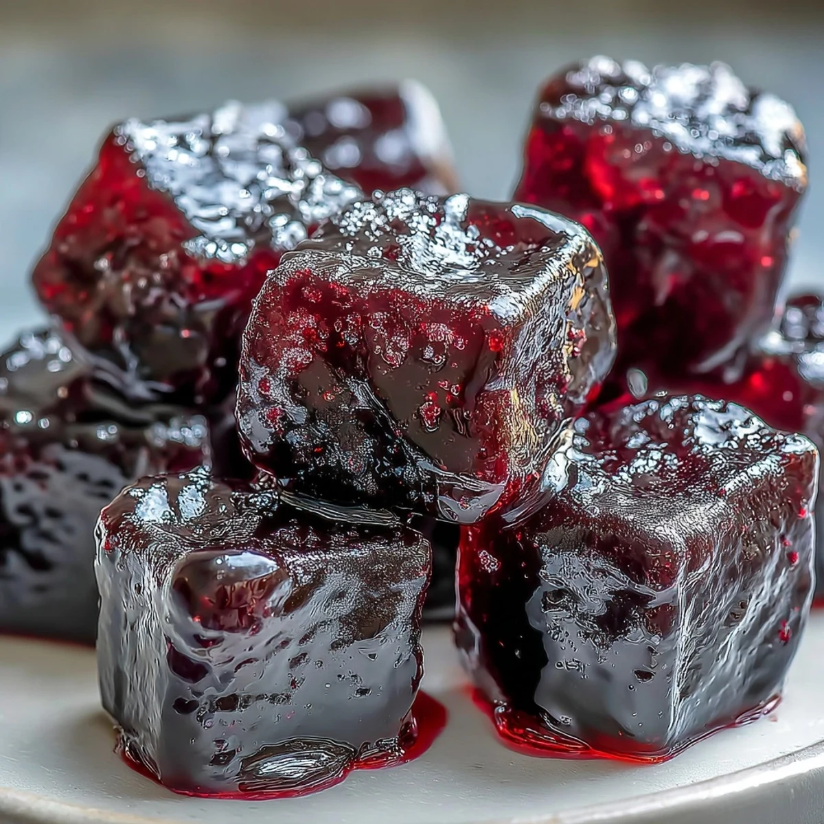 Homemade Black Currant Gummies in a clear glass jar, showcasing their deep purple hue and sugar-dusted coating.