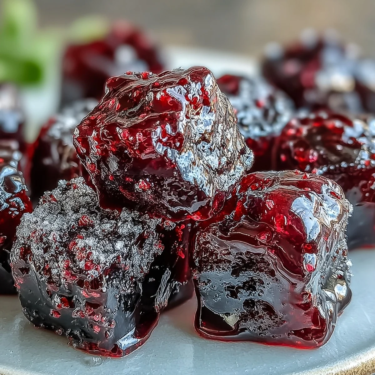 A hand holding a single Black Currant Gummy, highlighting the chewy texture and vibrant fruit color.
