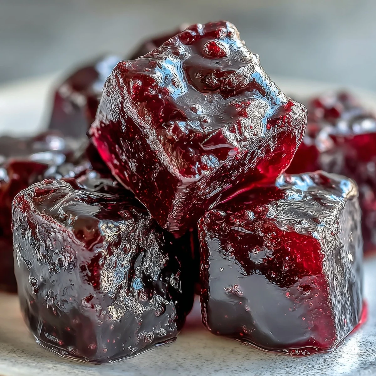 Black Currant Gummies resting on a parchment-lined tray next to fresh berries and a lemon, pre-cooling.