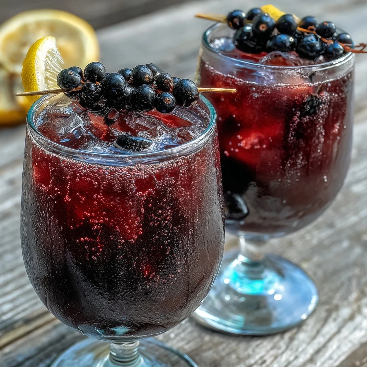 Freshly chilled Black Currant and Cassis Cocktail with lemon twists, poured into elegant wine glasses and ready to serve at a summer gathering.