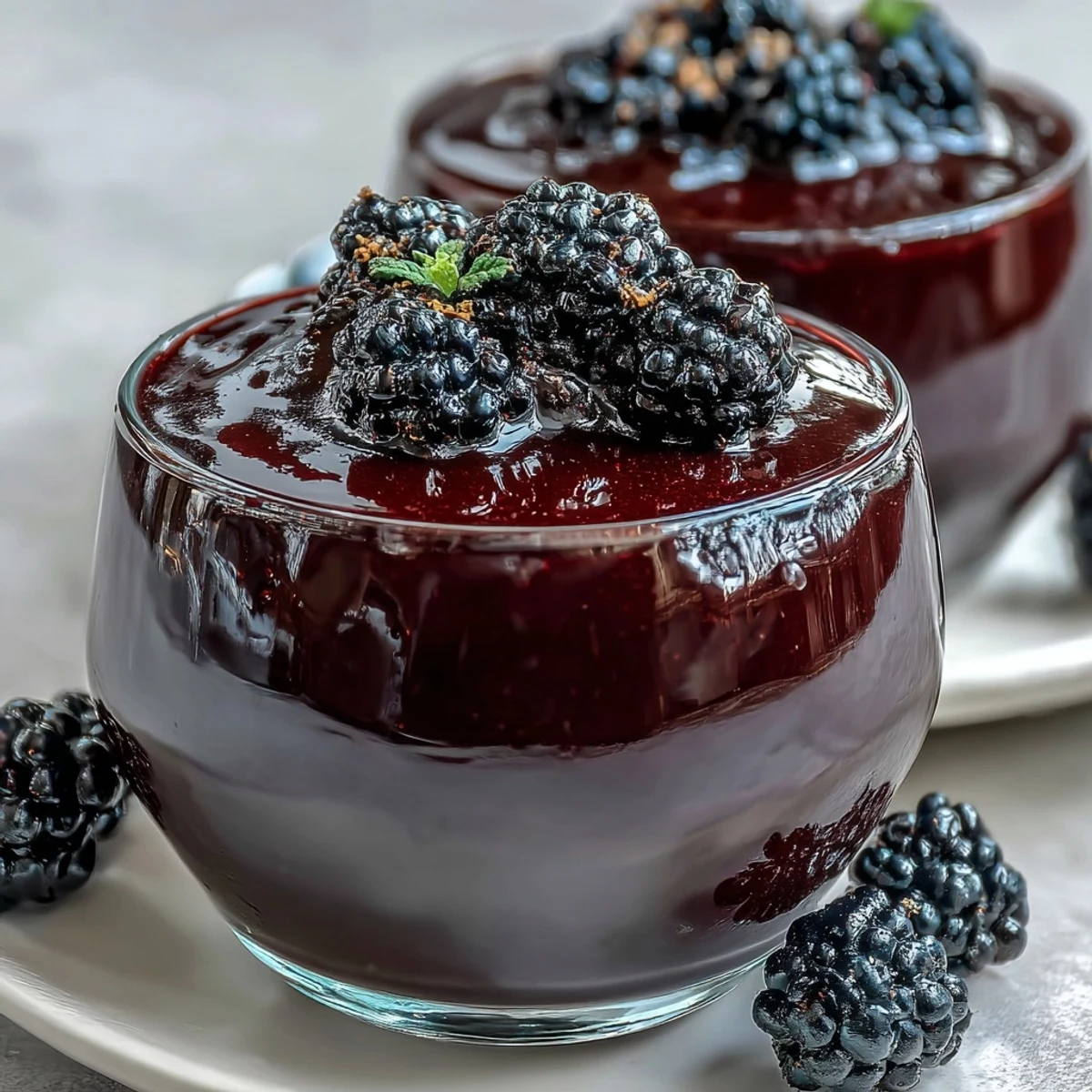 Silky Black Currant Panna Cotta served in a glass ramekin, topped with a glossy berry glaze and fresh fruit.