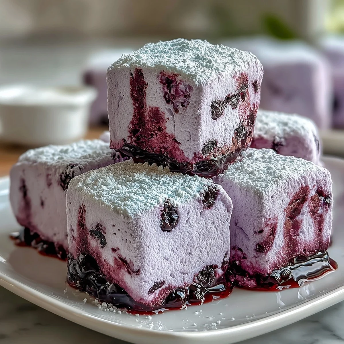 A close-up shows hand-cut squares of Black Currant Marshmallows with a soft, pillowy texture and a vibrant, sweet-tart fruit swirl.