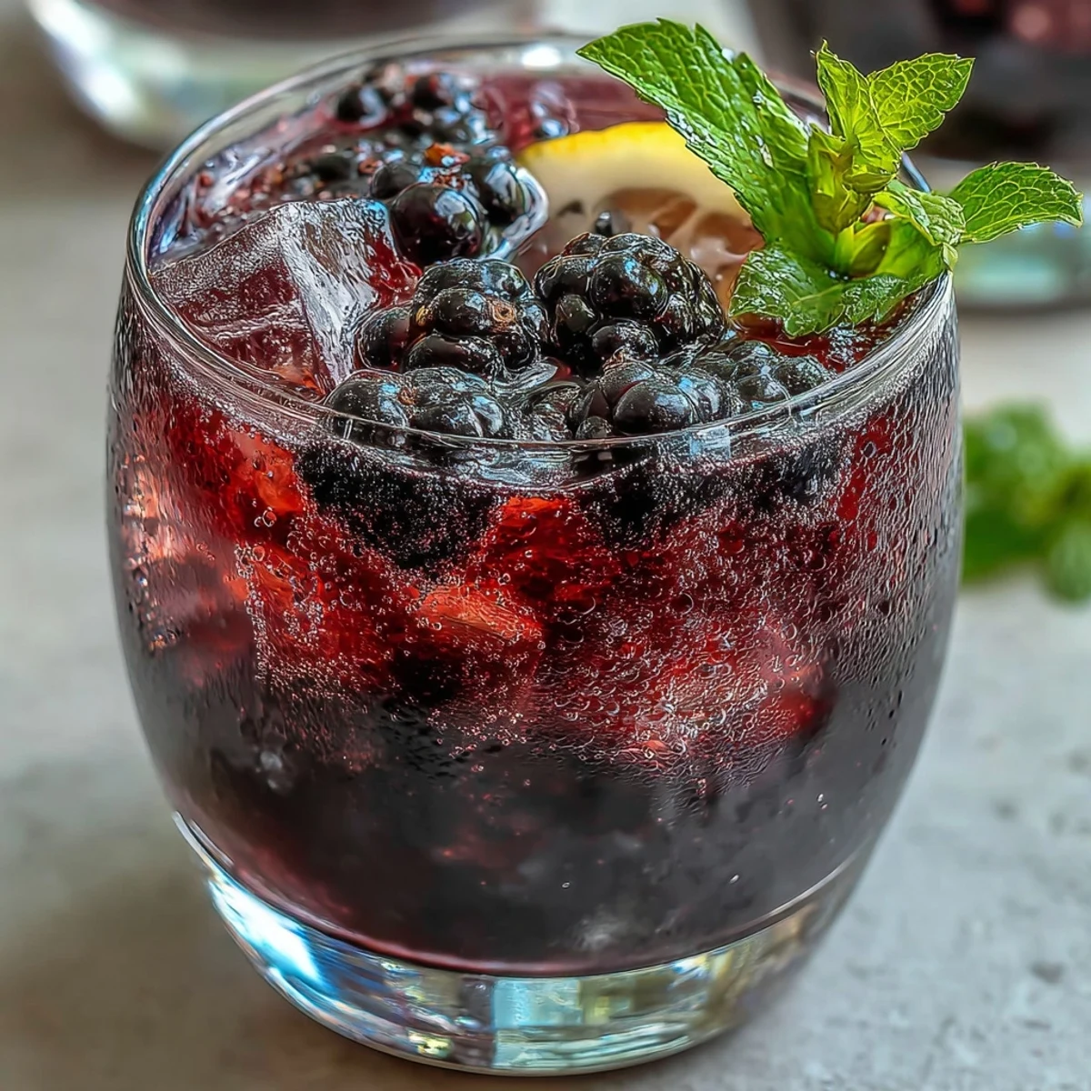 Three sparkling glasses of Black Currant It Berry Celebration Drink garnished with fresh mint and berries on a wooden table.