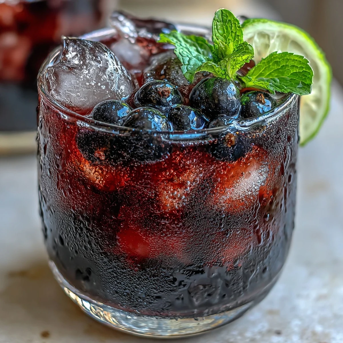 A tall glass of Black Currant It Berry Celebration Drink with ice, lemon slices, and a vibrant purple hue.