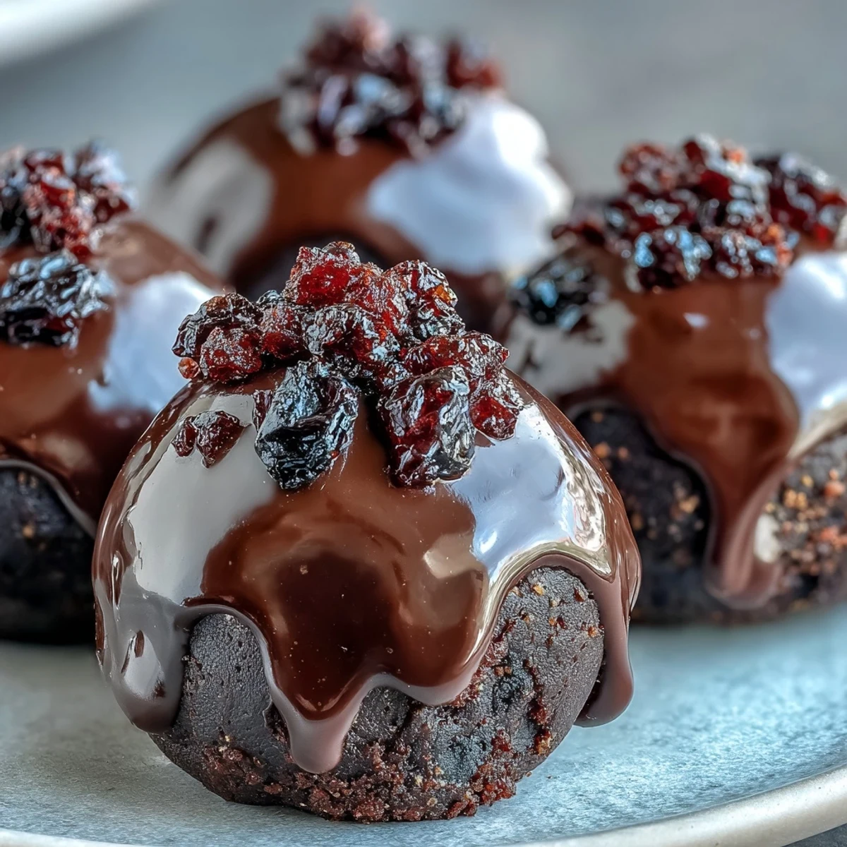Dark chocolate coated Black Currant Chocolate Truffles dusted with cocoa powder on a marble slab.