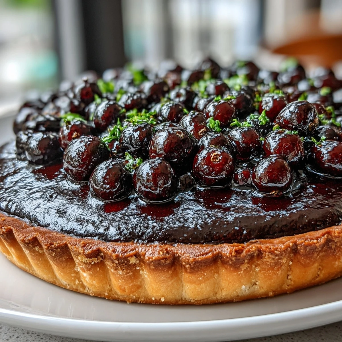 A slice of Black Currant Fruit Tart on a white plate, revealing the crisp buttery crust and vibrant berry garnish, served near a cup of tea.