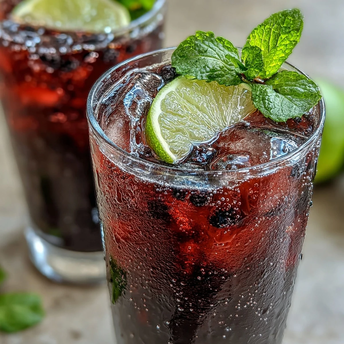 A vibrant Black Currant Mocktail topped with sparkling water, mint sprigs, and lime slices.