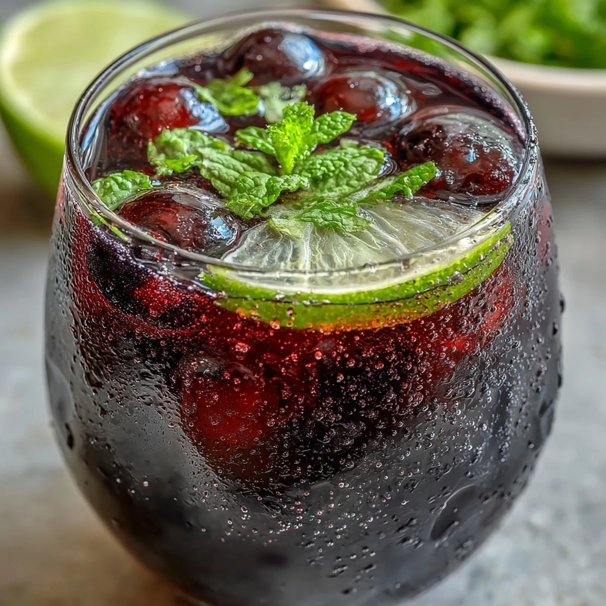 Close-up of a refreshing Black Currant Mocktail garnished with mint and lime over ice.