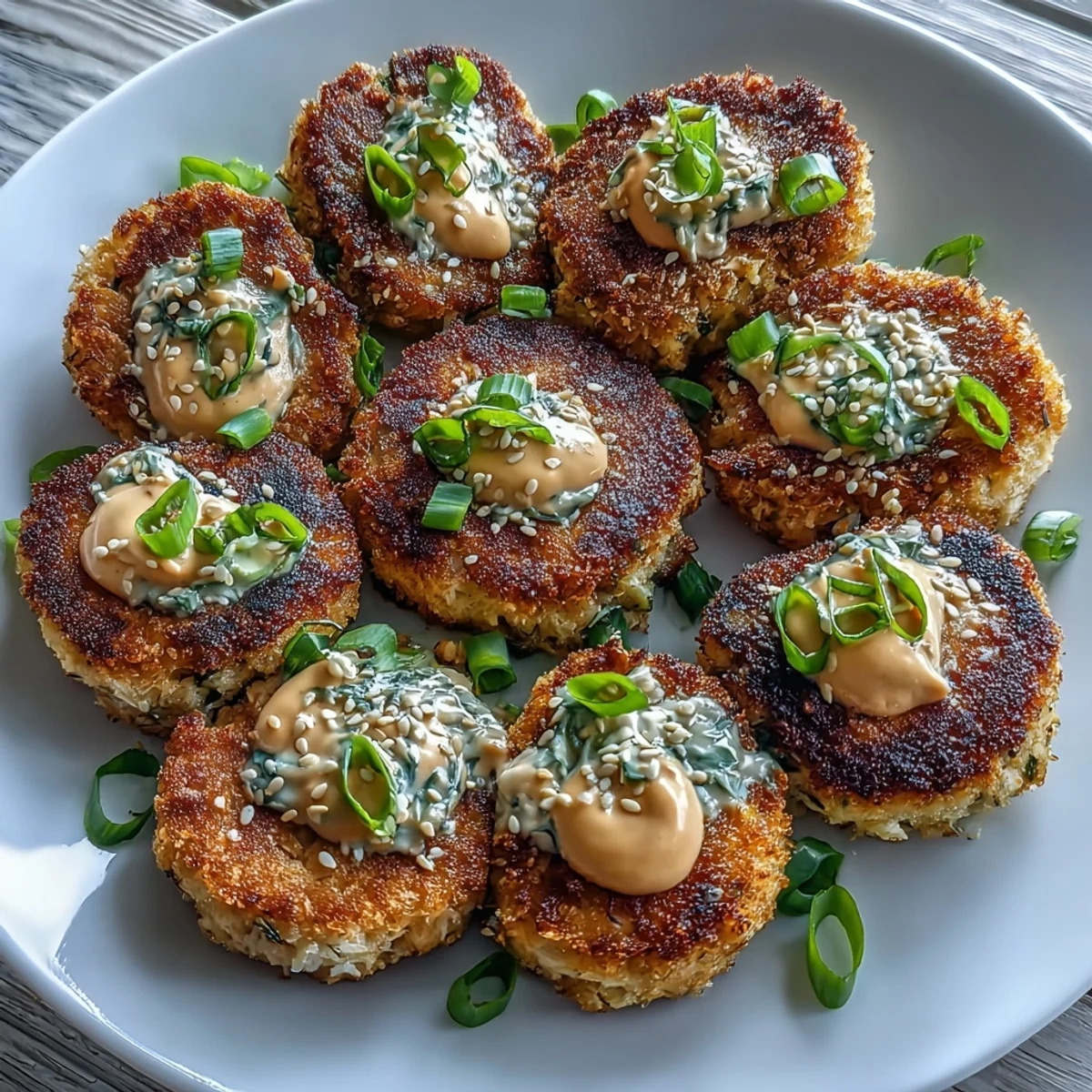 Golden-brown Asian-Style Tuna Cakes with Spicy Mayo sit on a white plate, garnished with green onions and sesame seeds. The crispy patties are ready to be dipped in the creamy, vibrant sauce, perfect for a quick weeknight dinner.