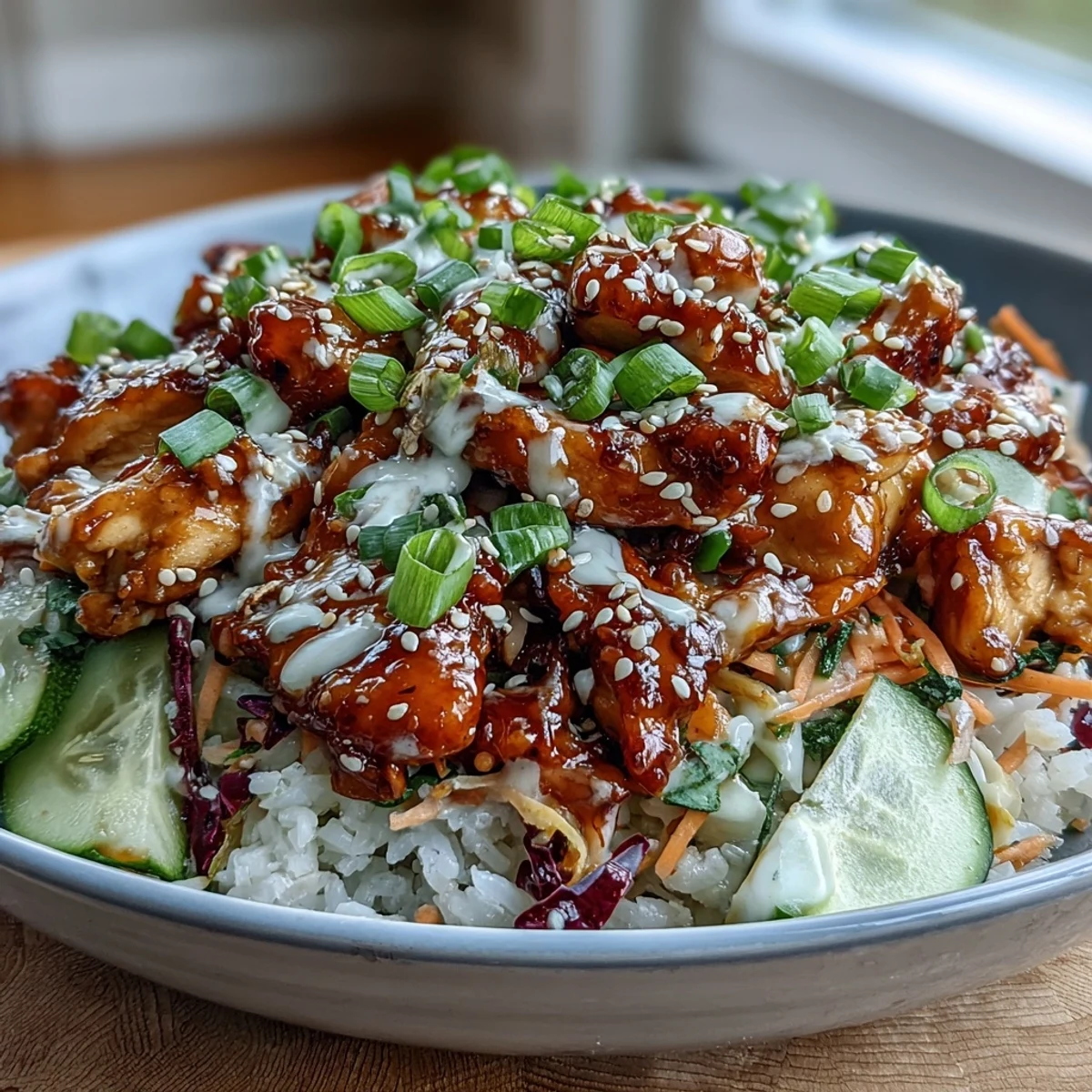 Colorful Bang Bang Chicken Bowl garnished with green onions and sesame seeds, ready for a quick weeknight meal.