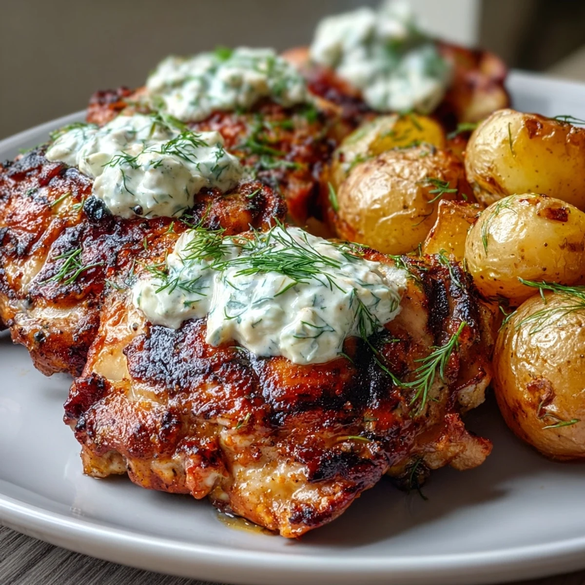 Spicy Yogurt Marinated Chicken with Dill Feta Cream & Crispy Baby Potatoes is grilled and topped with tangy sauce.