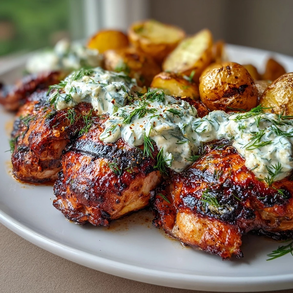 Bright dill feta cream drizzles over the main dish for a comforting Mediterranean-inspired dinner.