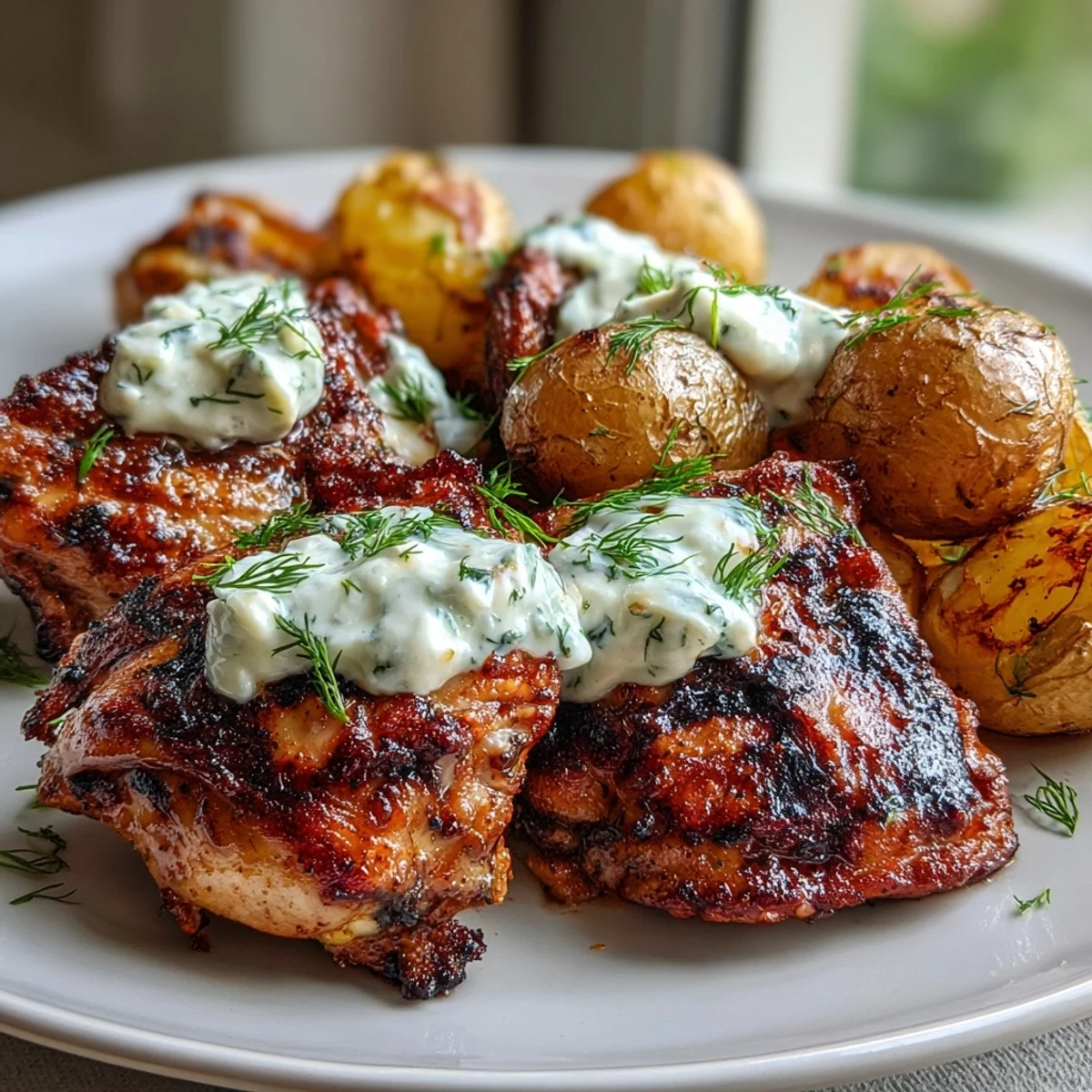 Juicy, charred chicken thighs rest beside golden-brown crispy baby potatoes on a rustic plate.