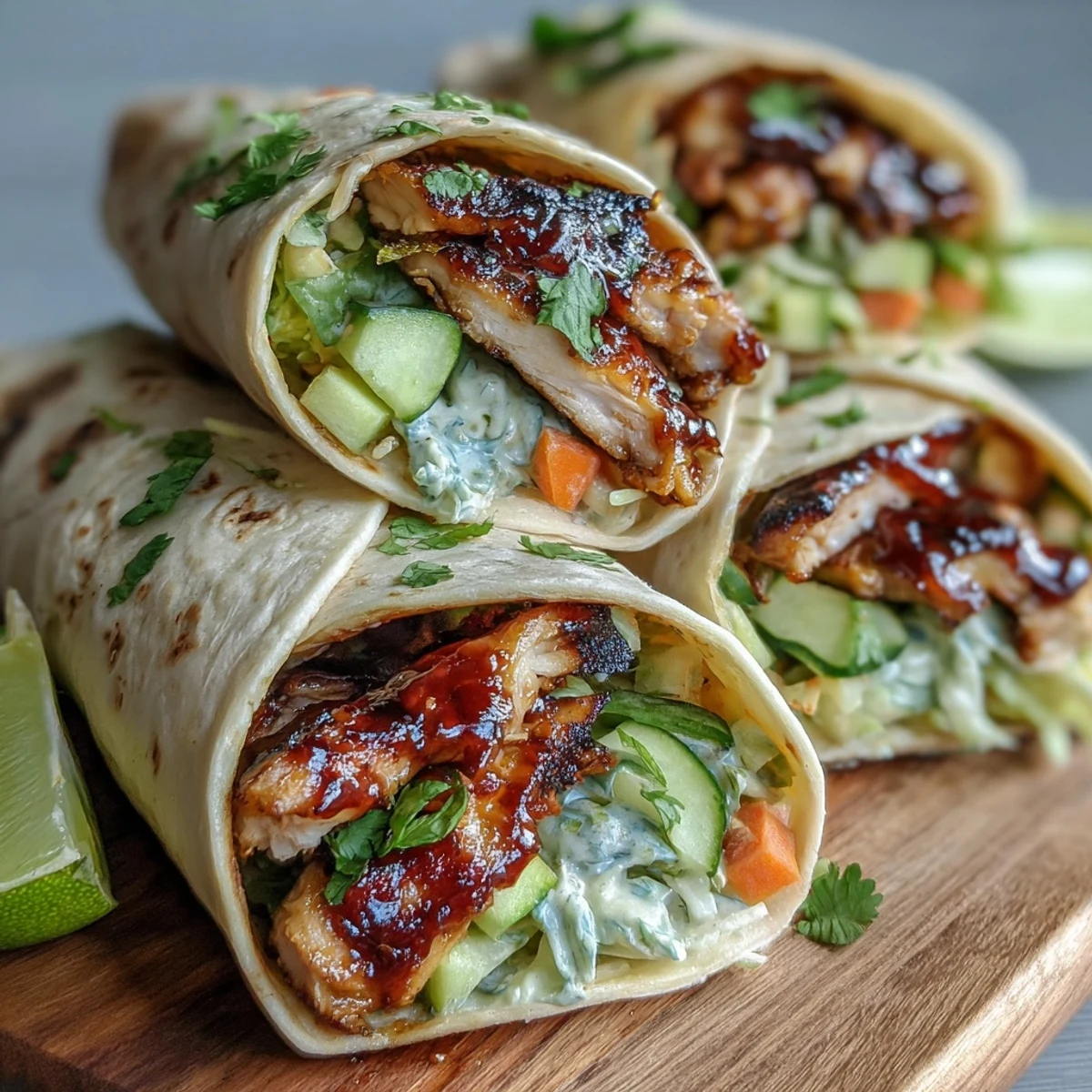 Sweet Chili Chicken Wraps stuffed with tender chicken and crisp veggies on a warm flour tortilla with lime wedges.