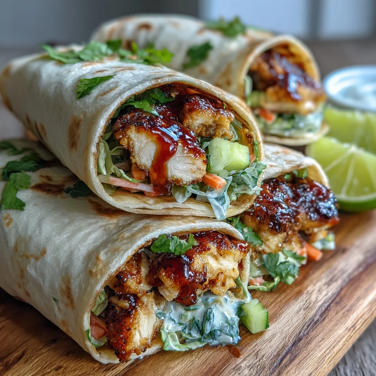 Close-up of Sweet Chili Chicken Wraps with glazed chicken strips and fresh cilantro, served with lime for a zesty bite.