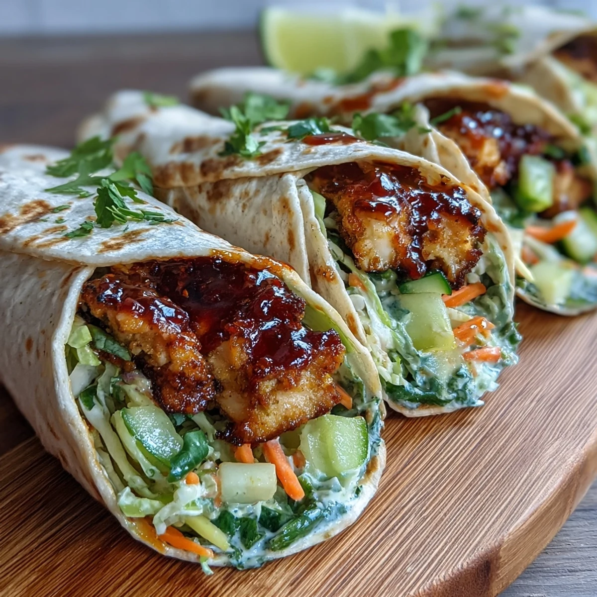 Assembled Sweet Chili Chicken Wraps sliced diagonally to reveal shredded lettuce, carrots, and cucumbers on a wooden table.