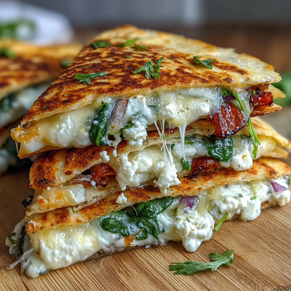 Golden-brown Mediterranean quesadillas with spinach, feta, mozzarella, and red onion, sliced into wedges. 
