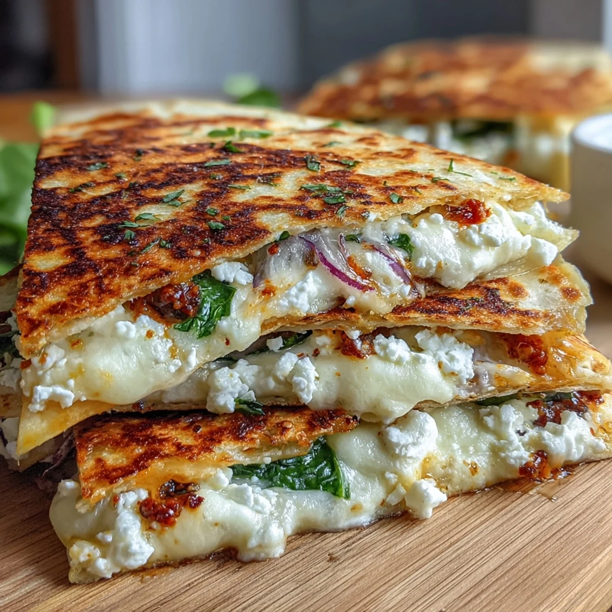 Crispy whole wheat tortilla halves stuffed with feta, mozzarella, red onion, and spinach, ready to eat warm.