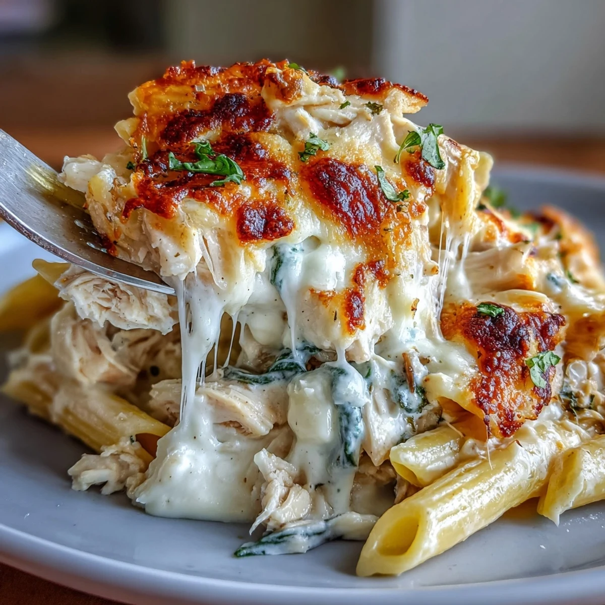 Golden-brown Greek Yogurt Chicken Alfredo Bake bubbling in a 9x13 baking dish, topped with melted mozzarella and fresh parsley garnish.