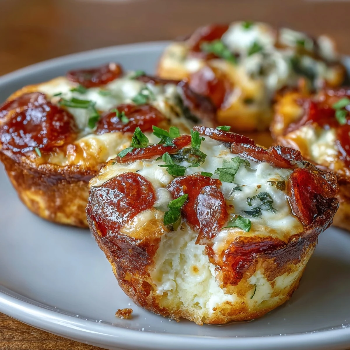 Top view of High-Protein Pepperoni Breakfast Cups on a plate, garnished with fresh parsley, pizza sauce for dipping, and a side of sliced avocado.  