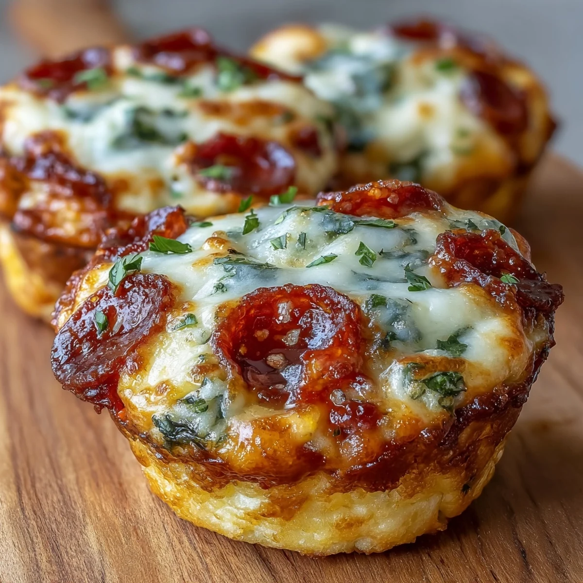 Golden-brown High-Protein Pepperoni Breakfast Cups, freshly baked and steaming, with visible layers of fluffy egg, melted mozzarella, and savory pepperoni bits.  