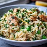 Creamy One-Pot Lemon Orzo with Chicken and Peas, a bright Mediterranean dinner in a single skillet.  