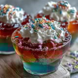 Vibrant rainbow Jello cups with bright red, orange, yellow, green, blue, and purple layers topped with whipped cream and sprinkles.