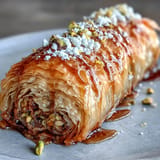 Crispy baked Pistachio Baklava Rolls piled high, ready for drizzling.