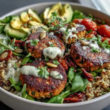 Hearty Spring Buddha Bowl with creamy tahini dressing and fresh greens.