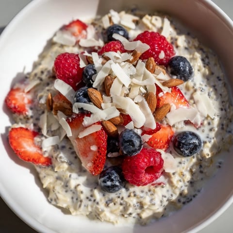 Creamy overnight oats with berries and chia seeds, a refreshing breakfast, ready to eat.