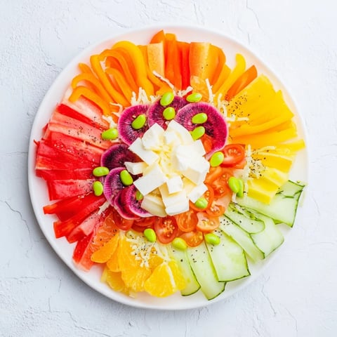 The Prism Burst salad, a vibrant rainbow of fresh ingredients arranged in a stunning fan, ready to eat.