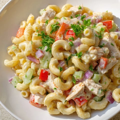 Festive bowl of Chicken Macaroni Holiday Salad, with creamy dressing and vibrant vegetable mix.