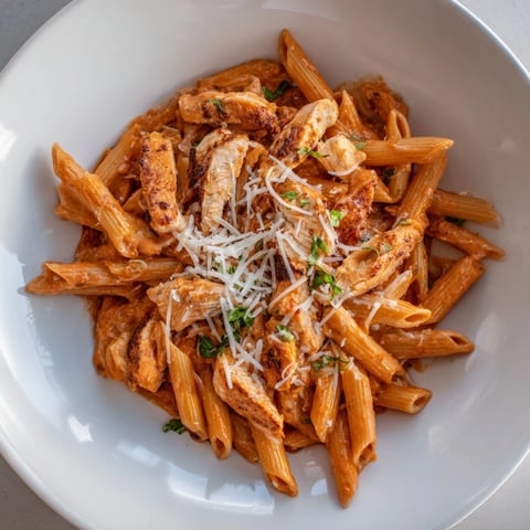 Creamy Tomato Basil Chicken Pasta, showing tender chicken and penne in a rich, creamy sauce.