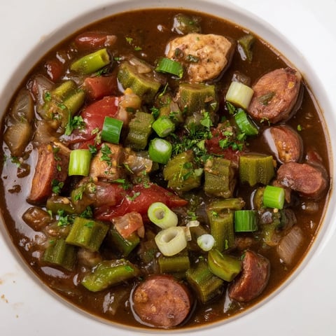 Steaming hot bowl of Gumbo Okra Soup, packed with ingredients, perfect with fluffy rice.