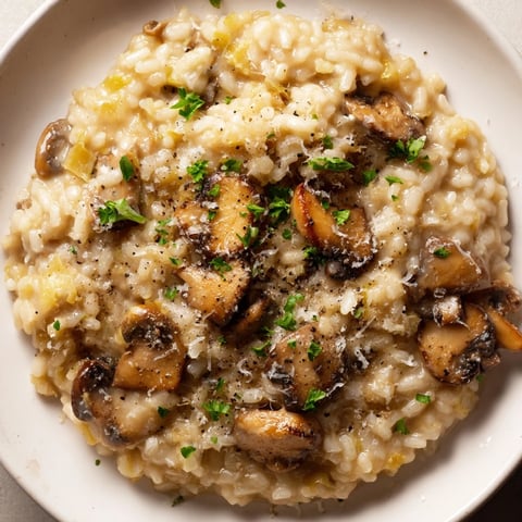 Creamy homemade risotto with mushrooms, ready to serve with Parmesan and fresh parsley.