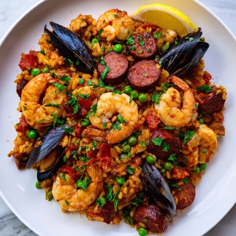 Golden-hued Paella Spanish Rice with shrimp, mussels, and chicken, ready for serving.