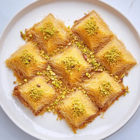 Golden-brown Egyptian Konafa, a sweet Middle Eastern dessert, with glistening honey syrup and chopped nuts.