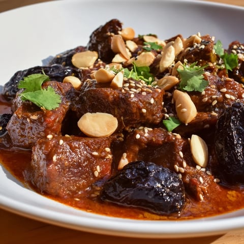 Earthy Moroccan lamb tagine with prunes and almonds, simmering in a spiced tomato broth.