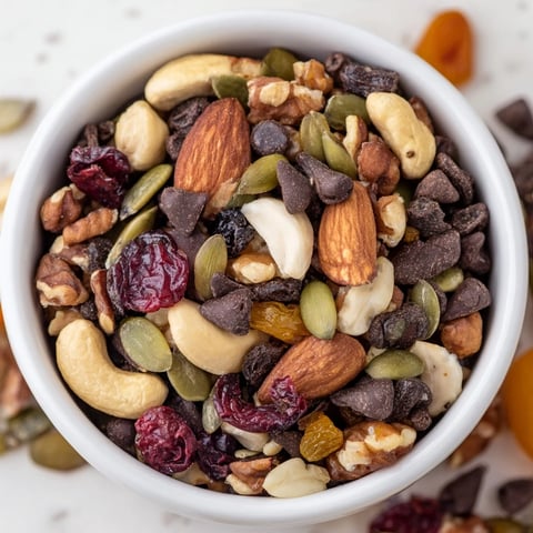 Homemade Trail Mix Custom blend featuring almonds, cashews, and dark chocolate chips in a rustic wooden bowl.  