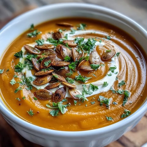 Creamy pumpkin soup garnished with toasted seeds and herbs in a rustic bowl.
