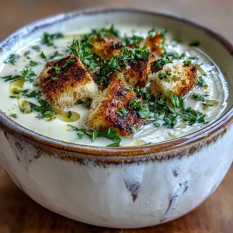 Creamy Garlic and Herb Soup in a rustic white bowl with fresh herbs garnish.