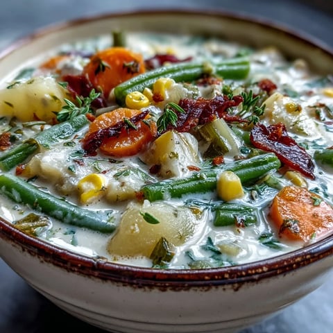 A close-up of Amish Snow Day Soup in a rustic bowl, showcasing tender carrots, potatoes, and green beans in a creamy, thyme-scented broth, garnished with fresh parsley.