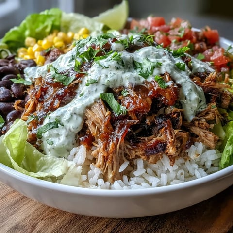 Carnitas Burrito Bowl featuring slow-cooked, shredded pork shoulder, fluffy white rice, black beans, and sweet corn, all topped with crisp romaine lettuce and zesty salsa.