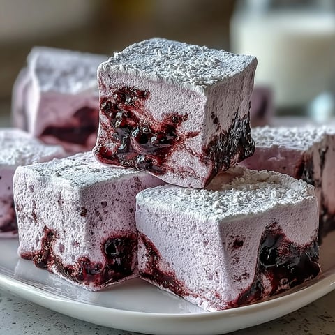 Fluffy, lavender-tinted Black Currant Marshmallows are lightly dusted with powdered sugar and ready to be served with hot cocoa or s'mores.