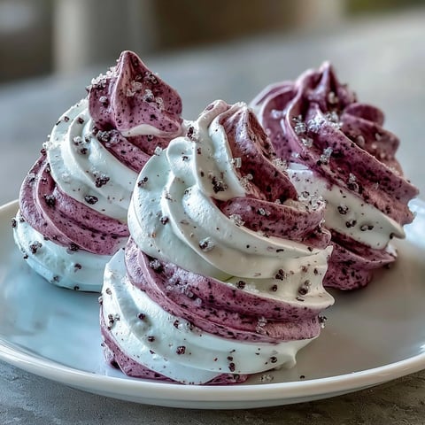 Crisp Black Currant Meringues are piped on a baking sheet, dusted with vibrant purple powder before baking.
