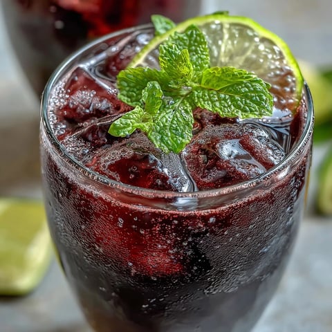 Tall glasses filled with Black Currant Mocktail, ice cubes, and fresh mint garnish.