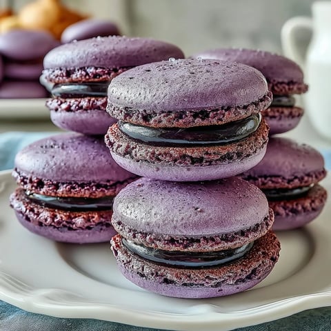 Glossy purple Black Currant Macarons with delicate almond shells and a vibrant, tangy ganache filling on a marble board.